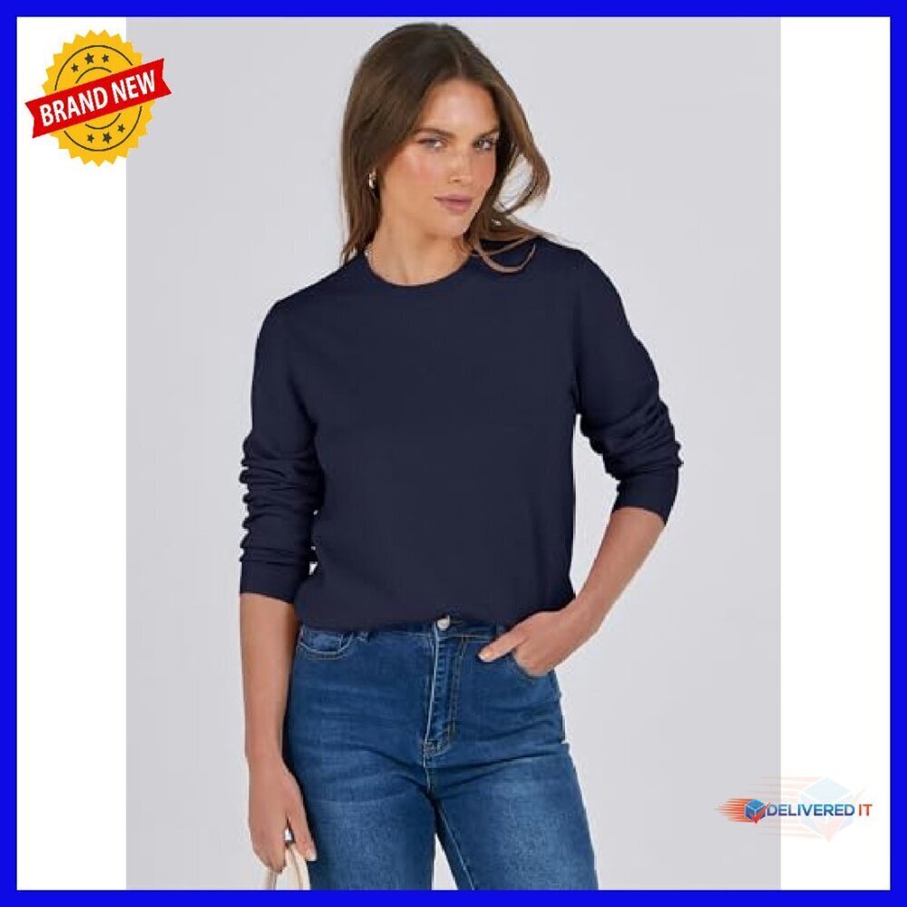 Lightweight Crewneck Pullover Sweater Women's Long Sleeve Loose Fit Knit Top - Picture 5 of 8